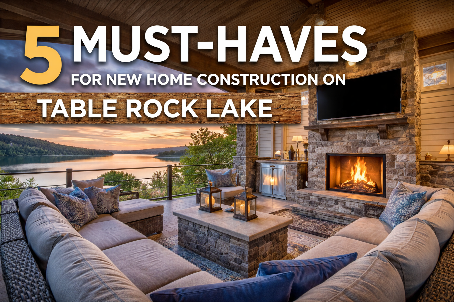 Outdoor lakefront living space with stone fireplace overlooking Table Rock Lake custom home
